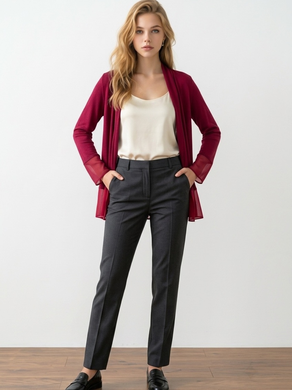 T-Tahari size Small burgundy-red long jacket with chiffon accents
